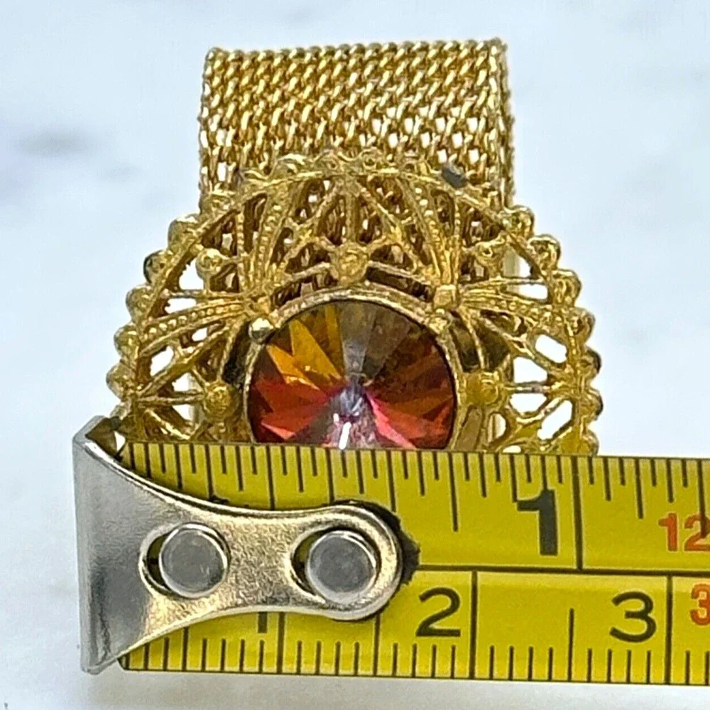 Vintage Round Prismatic Rivoli Gem Gold Tone Mesh Wrap Around Single Cufflink